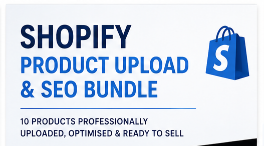 A promotional infographic banner with three vertical panels advertising digital business services: 'Business Power Hour', 'Shopify Product Upload & SEO Bundle', and 'Digital Business Audit & Growth Plan'. The design uses a blue, white, and gray color scheme with text, laptop mockups, a coffee mug, and shopping bag icons.