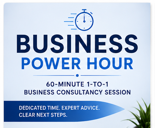 A promotional infographic banner with three vertical panels advertising digital business services: 'Business Power Hour', 'Shopify Product Upload & SEO Bundle', and 'Digital Business Audit & Growth Plan'. The design uses a blue, white, and gray color scheme with text, laptop mockups, a coffee mug, and shopping bag icons.