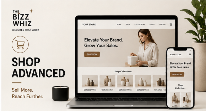 A four-panel collage showing website mockups for an online store, each panel featuring a laptop, tablet, and smartphone displaying different landing page designs. The panels include headings such as Service Website, Shop Starter, Shop Advanced, and Bookings & Appointments.