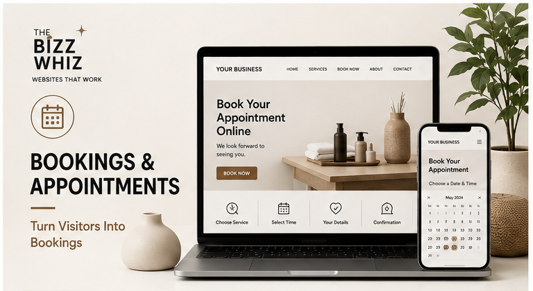 A four-panel collage showing website mockups for an online store, each panel featuring a laptop, tablet, and smartphone displaying different landing page designs. The panels include headings such as Service Website, Shop Starter, Shop Advanced, and Bookings & Appointments.