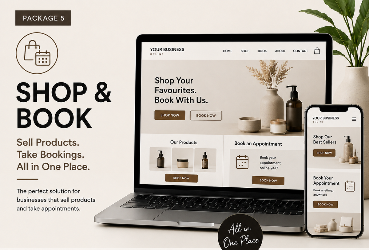 Promotional graphic for a Shopify website template package, showing a laptop and phone mockup with a beige ecommerce homepage layout. Large text reads 'SHOP & BOOK', 'PACKAGE 5', and feature callouts below on a light beige background with a dark brown footer.