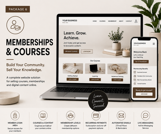 Promotional graphic for a digital website template package, showing a laptop and smartphone mockup with a membership and courses website design. The layout includes text such as 'MEMBERSHIPS & COURSES', 'Learn.