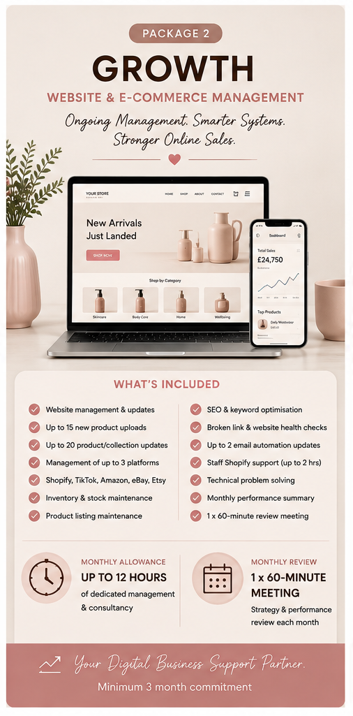 A three-panel promotional infographic for a digital and e-commerce support package, labeled 'Essential', 'Growth', and 'Business Partner'. Each panel shows laptop and tablet mockups with dashboard screens, surrounded by decorative plants and coffee cups on a beige background with pink and brown text blocks.
