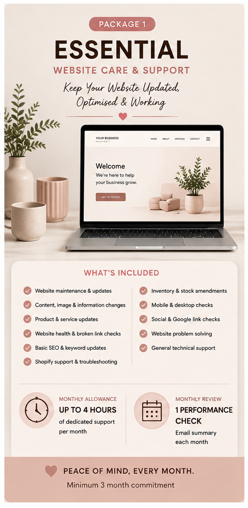 A three-panel promotional infographic for a digital and e-commerce support package, labeled 'Essential', 'Growth', and 'Business Partner'. Each panel shows laptop and tablet mockups with dashboard screens, surrounded by decorative plants and coffee cups on a beige background with pink and brown text blocks.