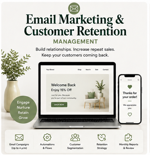 A six-panel infographic banner showcasing digital marketing services and platforms, including Meta Ads, Email Marketing, Marketplace Setup, SEO Growth, Social Media Management, and Digital Performance Management. Each panel features mockups of laptops, smartphones, and tablets displaying various website and dashboard interfaces, alongside icons and text labels on a light beige background.