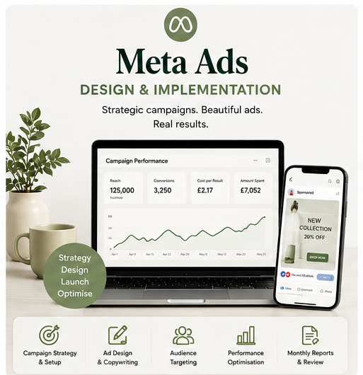 A six-panel infographic banner showcasing digital marketing services and platforms, including Meta Ads, Email Marketing, Marketplace Setup, SEO Growth, Social Media Management, and Digital Performance Management. Each panel features mockups of laptops, smartphones, and tablets displaying various website and dashboard interfaces, alongside icons and text labels on a light beige background.