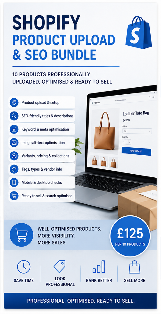 A promotional infographic banner with three vertical panels advertising digital business services: 'Business Power Hour', 'Shopify Product Upload & SEO Bundle', and 'Digital Business Audit & Growth Plan'. The design uses a blue, white, and gray color scheme with text, laptop mockups, a coffee mug, and shopping bag icons.