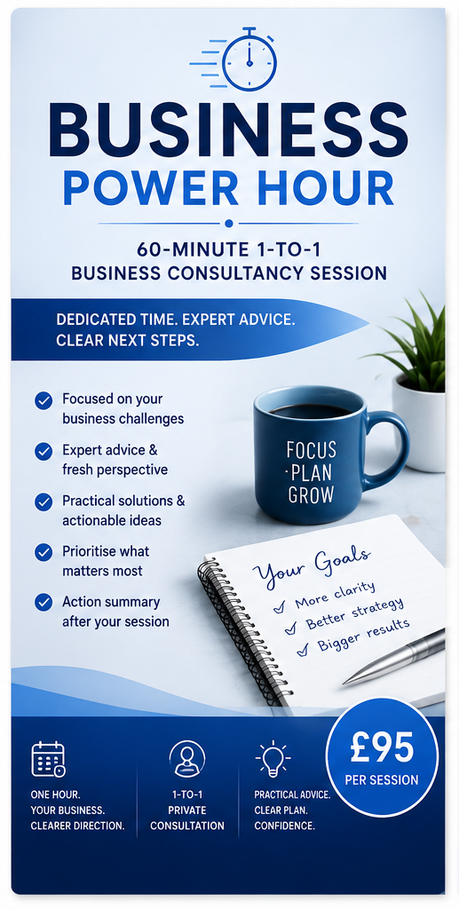 A promotional infographic banner with three vertical panels advertising digital business services: 'Business Power Hour', 'Shopify Product Upload & SEO Bundle', and 'Digital Business Audit & Growth Plan'. The design uses a blue, white, and gray color scheme with text, laptop mockups, a coffee mug, and shopping bag icons.