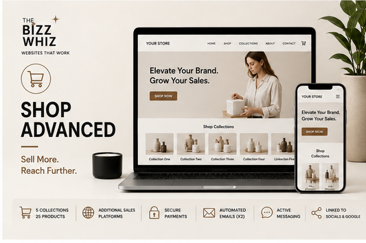 A four-panel collage showing website mockups for an online store, each panel featuring a laptop, tablet, and smartphone displaying different landing page designs. The panels include headings such as Service Website, Shop Starter, Shop Advanced, and Bookings & Appointments.