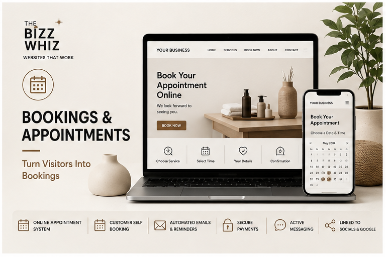 A four-panel collage showing website mockups for an online store, each panel featuring a laptop, tablet, and smartphone displaying different landing page designs. The panels include headings such as Service Website, Shop Starter, Shop Advanced, and Bookings & Appointments.
