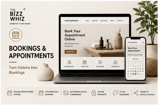 A four-panel collage showing website mockups for an online store, each panel featuring a laptop, tablet, and smartphone displaying different landing page designs. The panels include headings such as Service Website, Shop Starter, Shop Advanced, and Bookings & Appointments.