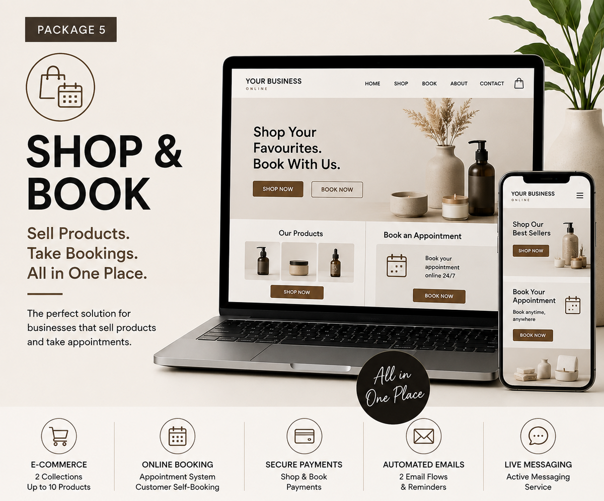 Promotional graphic for a Shopify website template package, showing a laptop and phone mockup with a beige ecommerce homepage layout. Large text reads 'SHOP & BOOK', 'PACKAGE 5', and feature callouts below on a light beige background with a dark brown footer.