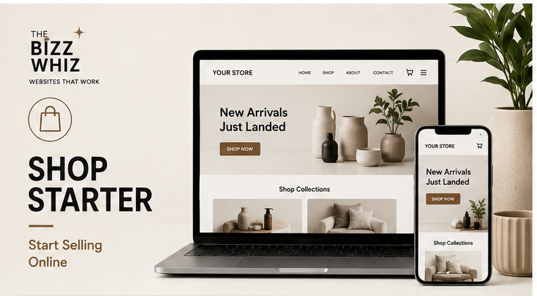 A four-panel collage showing website mockups for an online store, each panel featuring a laptop, tablet, and smartphone displaying different landing page designs. The panels include headings such as Service Website, Shop Starter, Shop Advanced, and Bookings & Appointments.