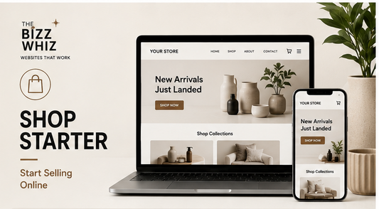 A four-panel collage showing website mockups for an online store, each panel featuring a laptop, tablet, and smartphone displaying different landing page designs. The panels include headings such as Service Website, Shop Starter, Shop Advanced, and Bookings & Appointments.