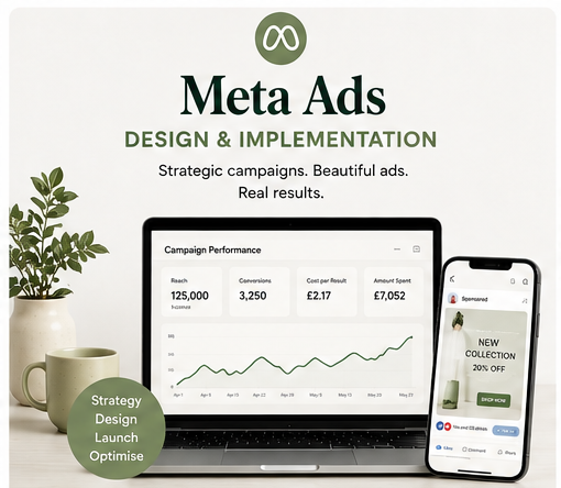 A six-panel infographic banner showcasing digital marketing services and platforms, including Meta Ads, Email Marketing, Marketplace Setup, SEO Growth, Social Media Management, and Digital Performance Management. Each panel features mockups of laptops, smartphones, and tablets displaying various website and dashboard interfaces, alongside icons and text labels on a light beige background.